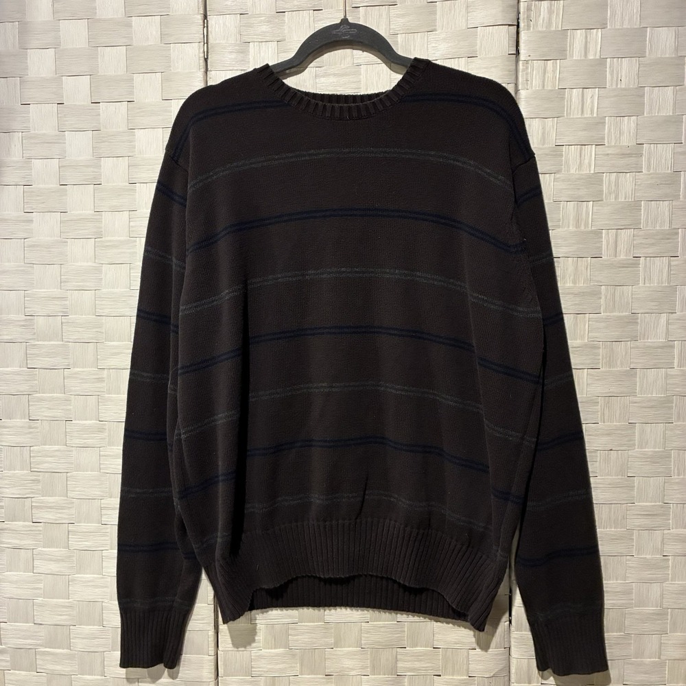 Arrow Mens Large Brown Striped 100% Cotton Crew Neck Long Sleeve Sweater